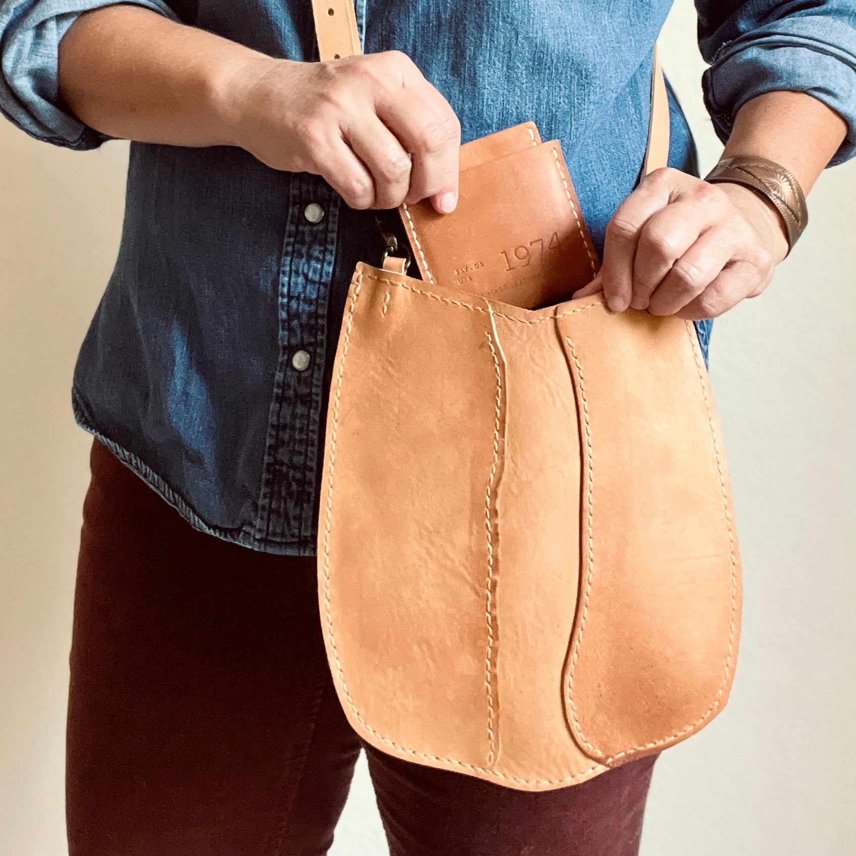 Audrey Handbag: Designer Satchel, Blue Leather/Yellow Stitch