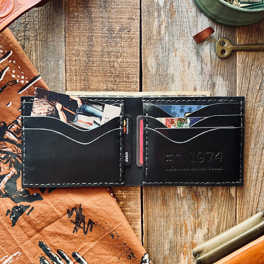 Black leather wallet open on a wooden surface with various items around