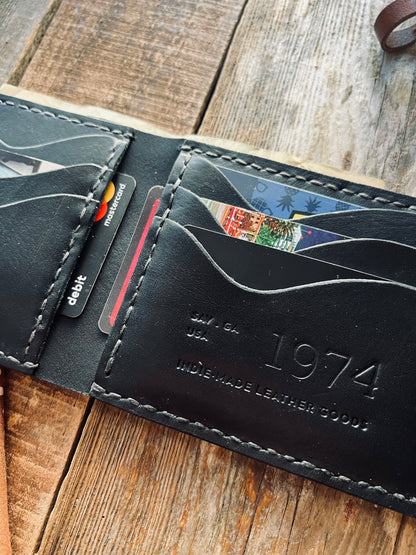 Black leather wallet with card slots on a wooden surface