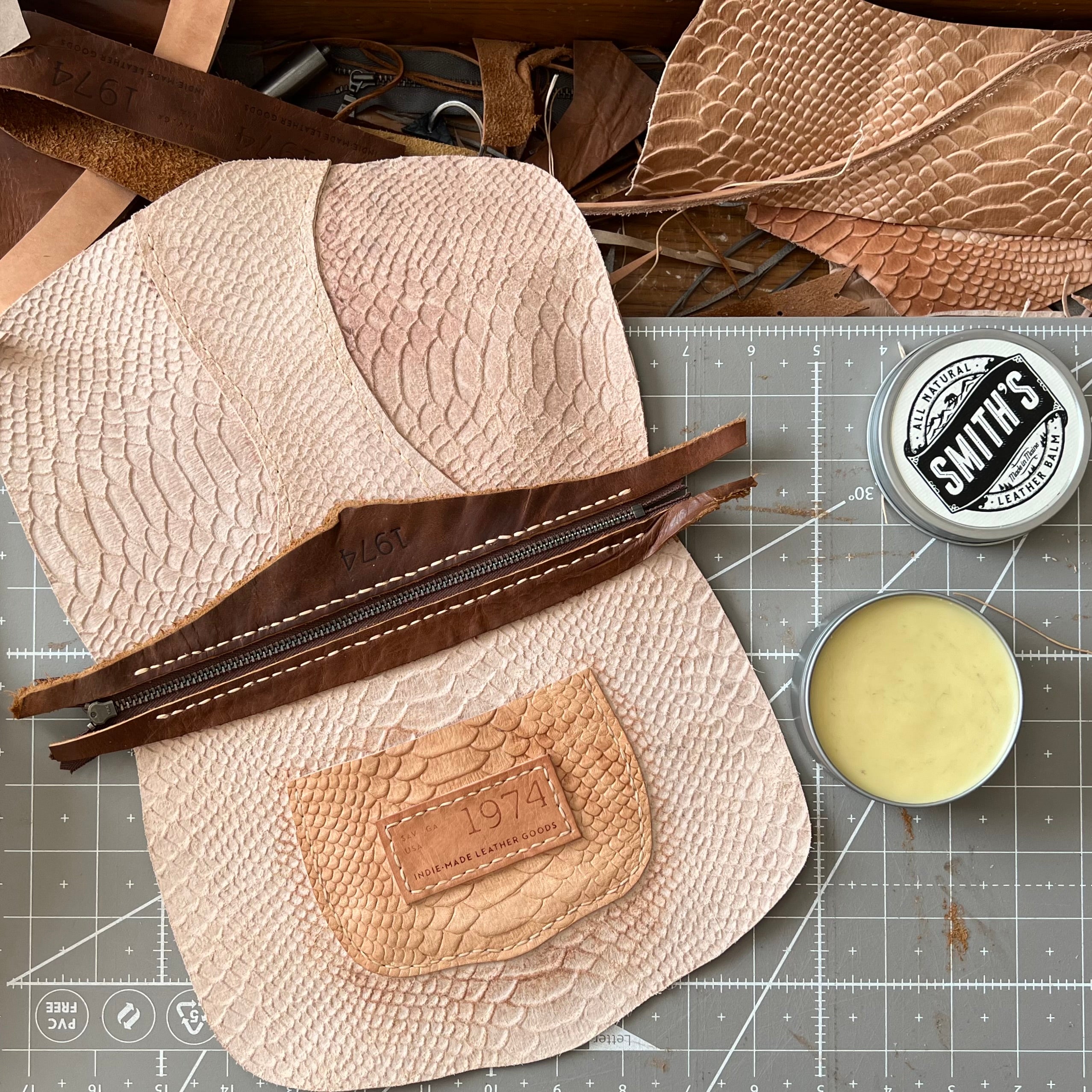a Broad River leather wristlet work in progress showing the inside pocket and also Smith's leather balm