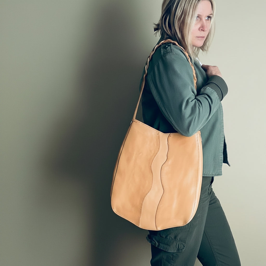 Artist wearing a green jacket is carrying a natural vegetable-tanned leather shoulder bag with a braided handle. This bag is named the Savannah River 