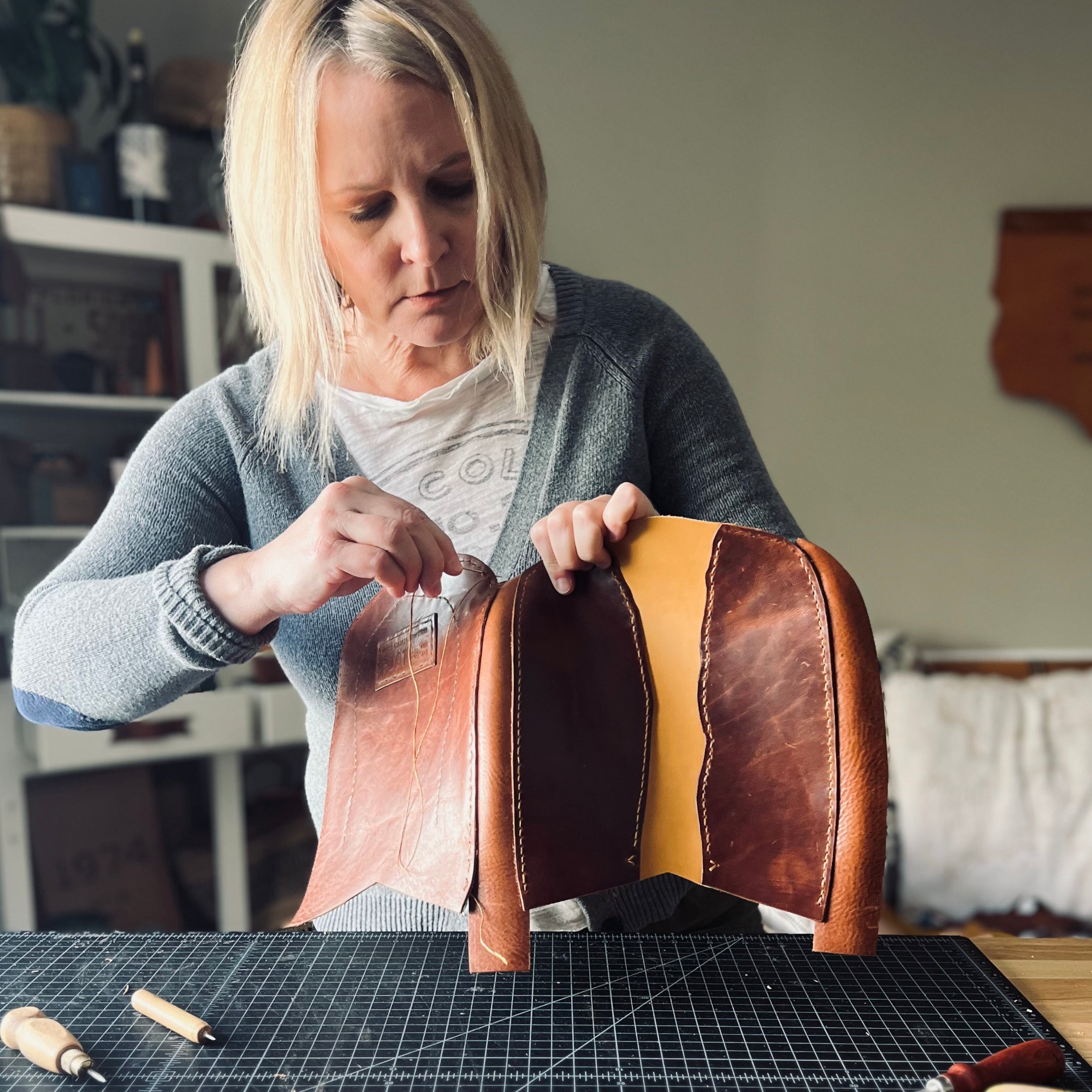 Leather Artisan Atlanta, Beth Dryden in here studio 