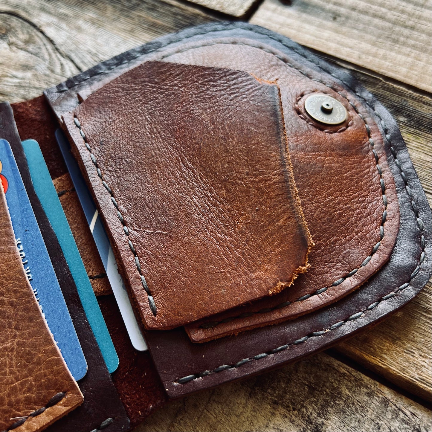 1974 Thames River Wallet in Chestnut & Hickory with another view of the pocket with flap