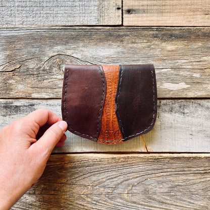 1974 Thames River Wallet in Chestnut & Hickory showing the back of the wallet with 1974 branded into the leather