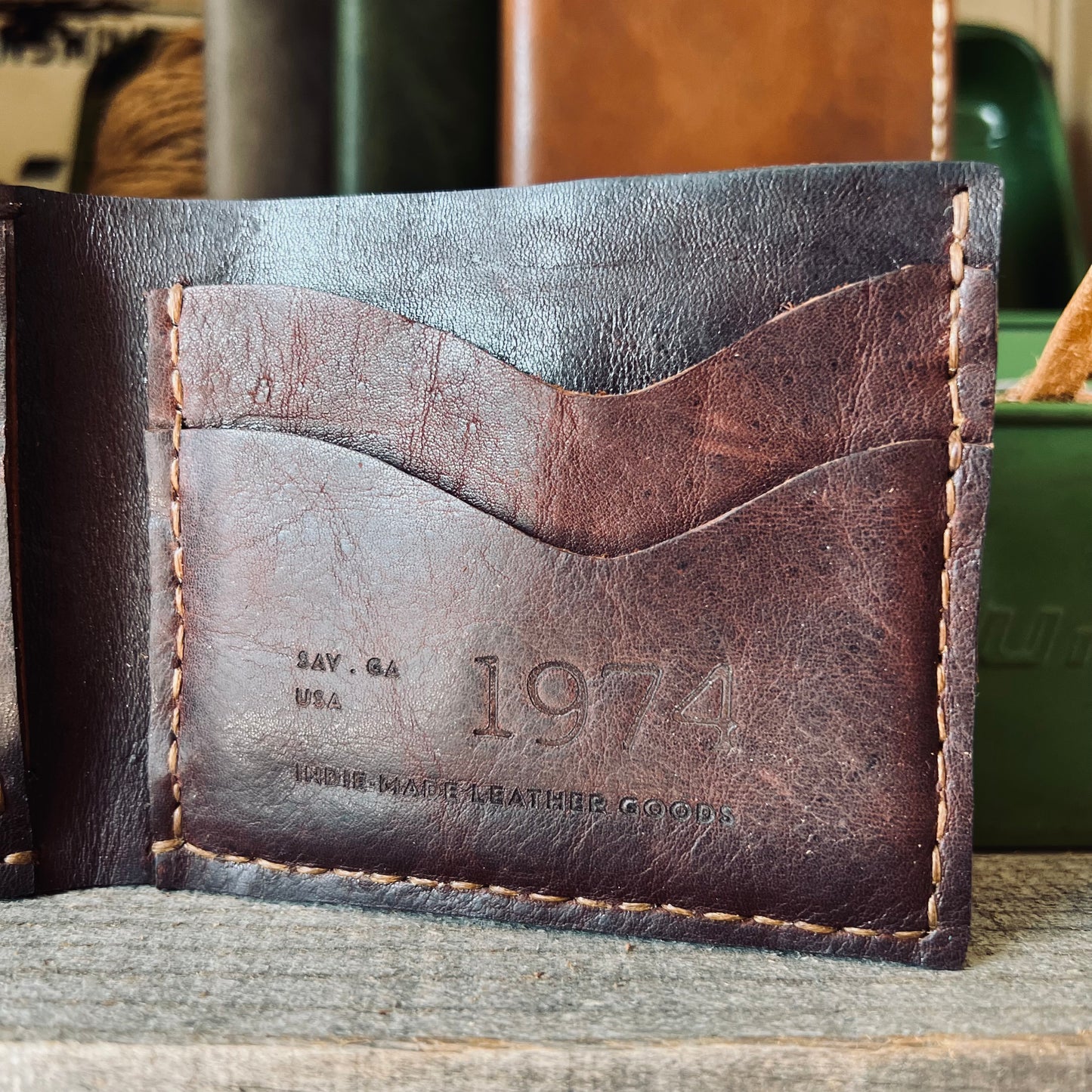 1974 Finnegan Leather Wallet Detail with Branded 1974 Logo