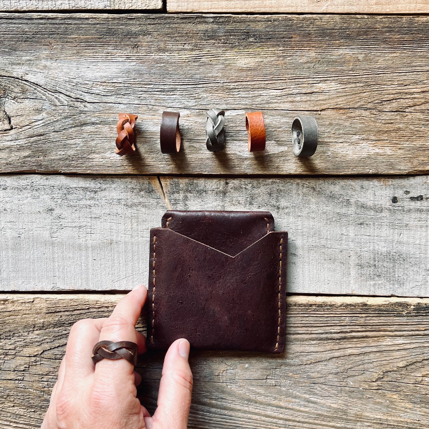 1974 Dakota Leather Rings featuring 1974 Lucas Wallet and Braided Ring in Chestnut